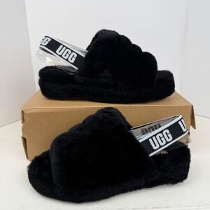 UGG Fluff Yeah Slide Black Sheepskin Logo Slingback Sandals 1095119 Womens 9